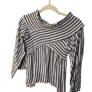 LAWLESS Blue and White Asymmetrical Ruffled Blouse